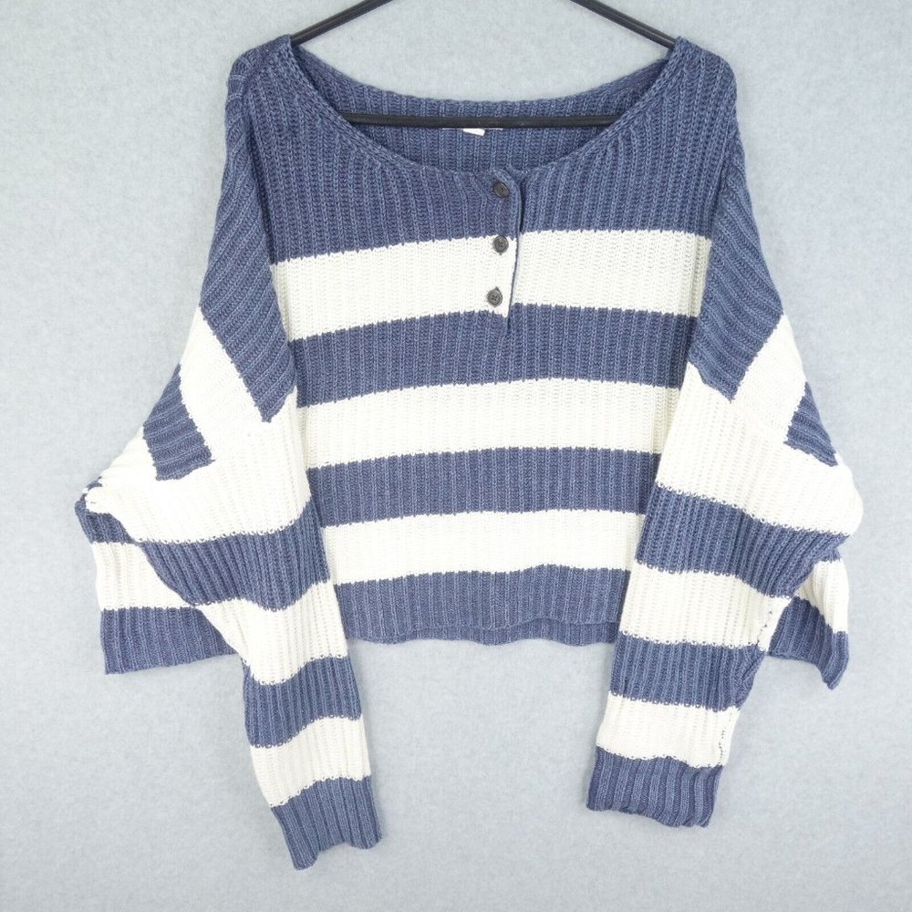 American Eagle Sweater Womens Extra Large Blue Long Sleeve Henley Collar Cropped